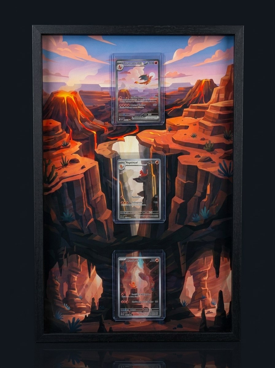 Cadre immersif UnikOse grand format : trois cartes protégées en top loader sur un décor peint